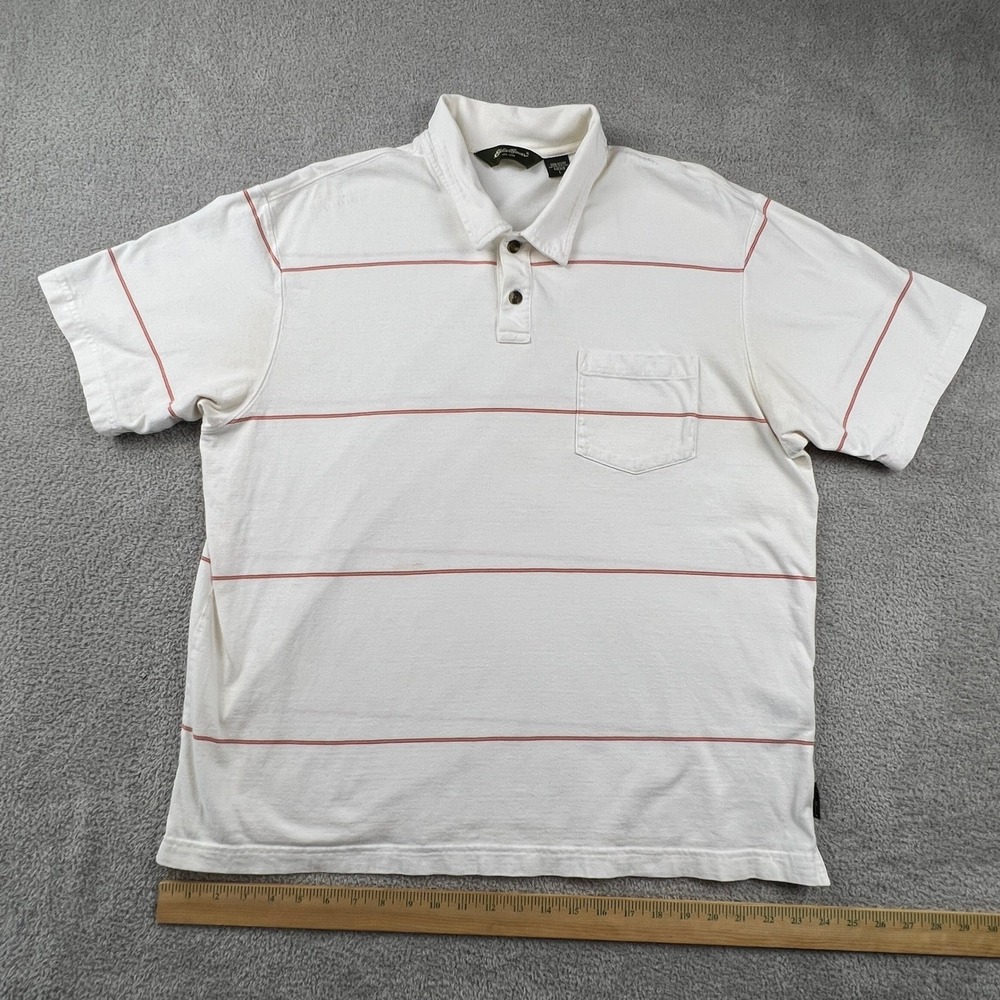 Eddie Bauer Polo Shirt Mens Large White Red Striped Good Cotton Pocket Short Slv